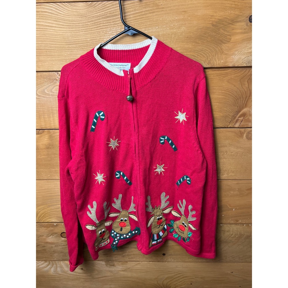 Tiara International Ugly Christmas Cardigan Sweater Lg Reindeer Candy Cane Holid